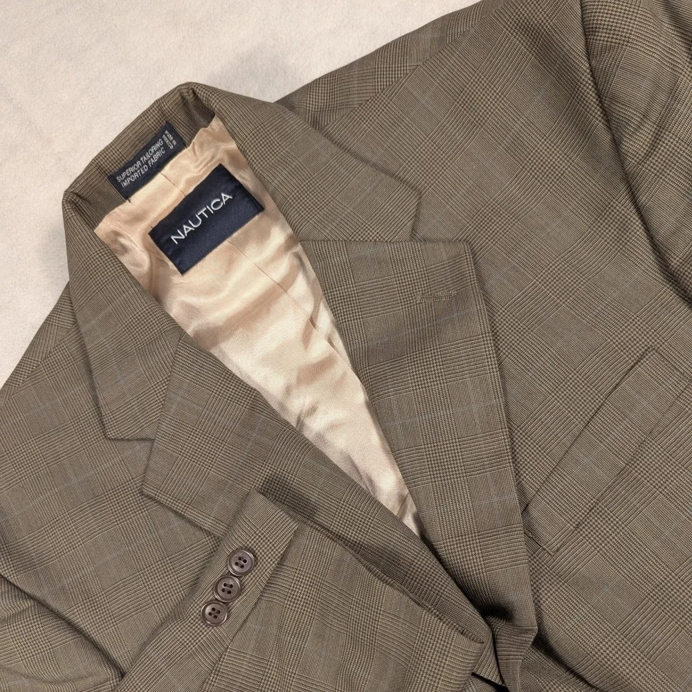 Nautica Mens 42R Brown Glen Plaid Wool Cashmere 3-Button Blazer Sport Coat